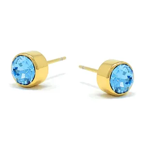 Harley Small Stud Earrings with Blue Aquamarine Round Crystals from Swarovski Gold Plated
