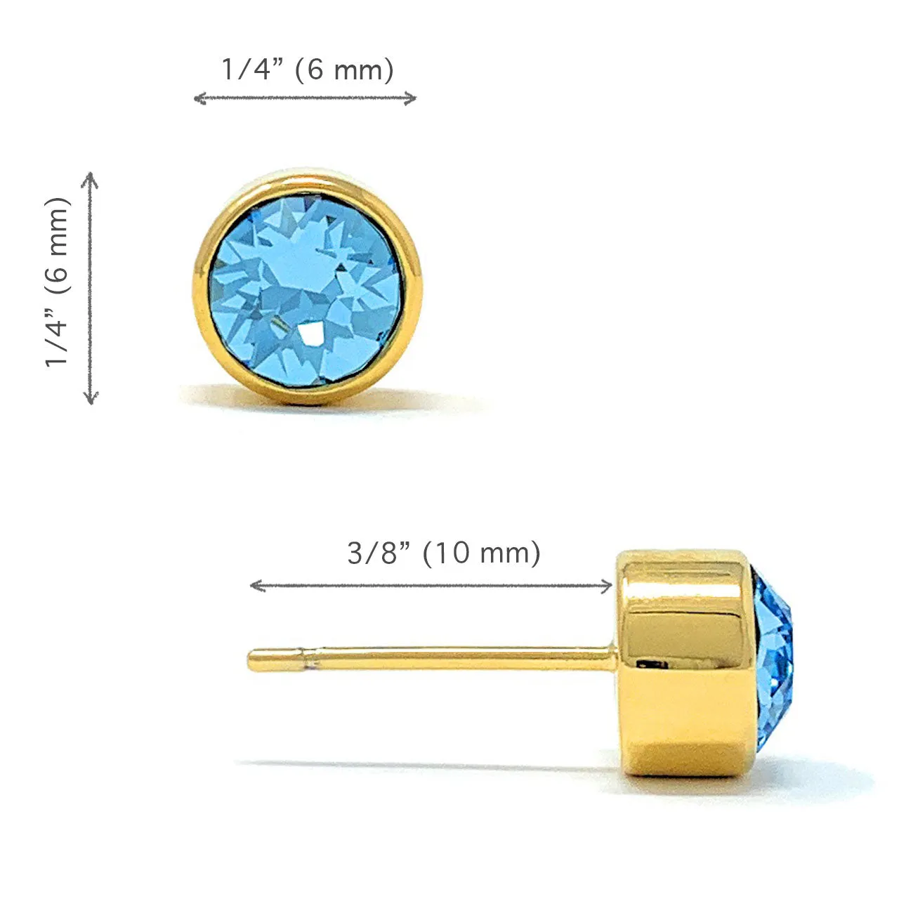 Harley Small Stud Earrings with Blue Aquamarine Round Crystals from Swarovski Gold Plated