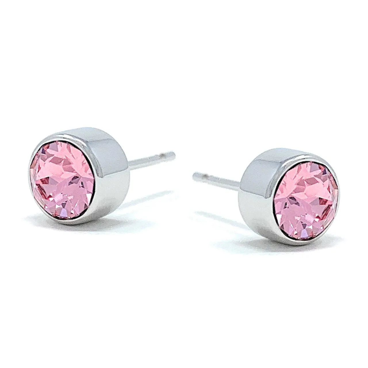Harley Small Stud Earrings with Pink Light Rose Round Crystals from Swarovski Silver Toned Rhodium Plated