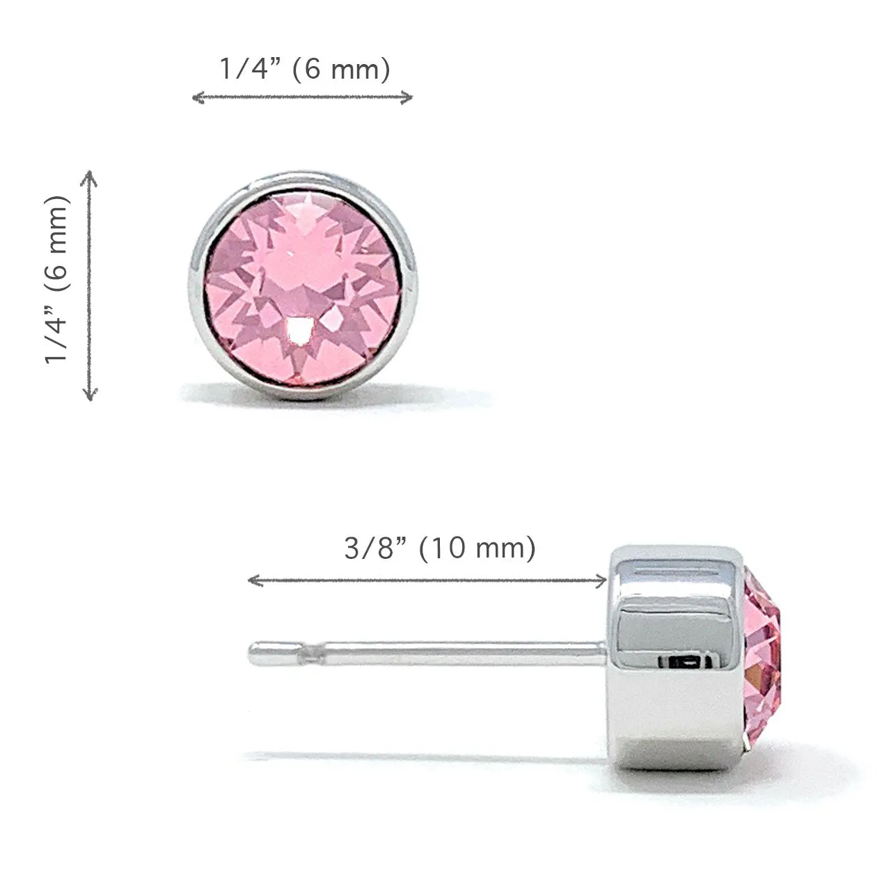 Harley Small Stud Earrings with Pink Light Rose Round Crystals from Swarovski Silver Toned Rhodium Plated