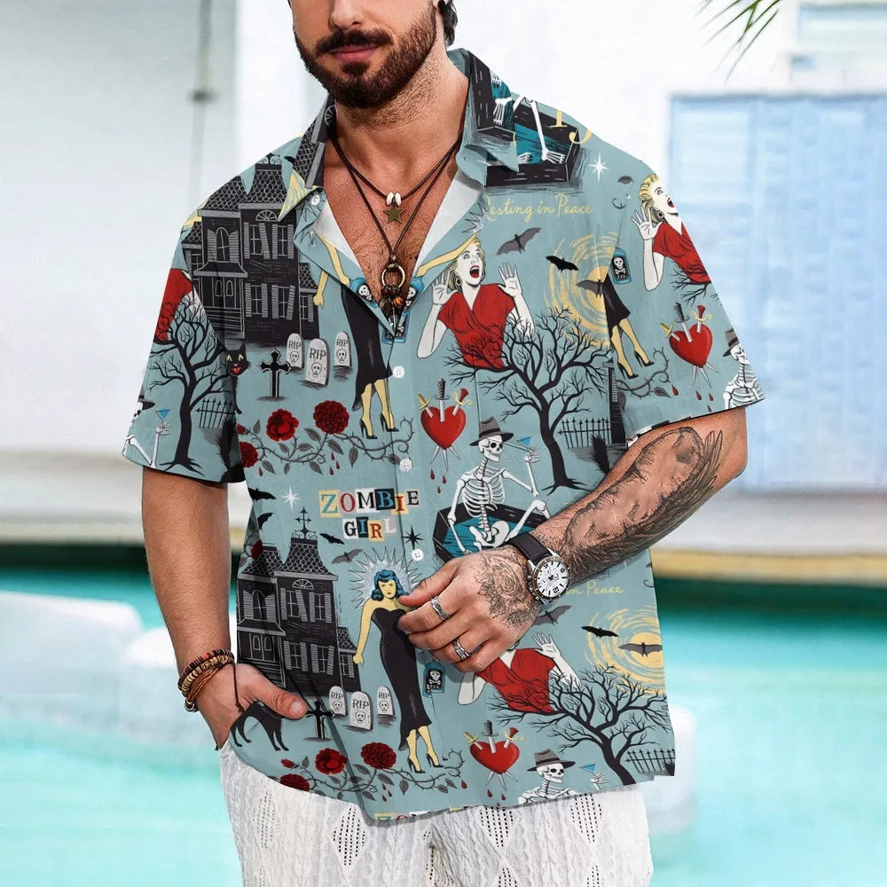 Horror Poster Illustration Casual Short-Sleeved Shirt 2406000416