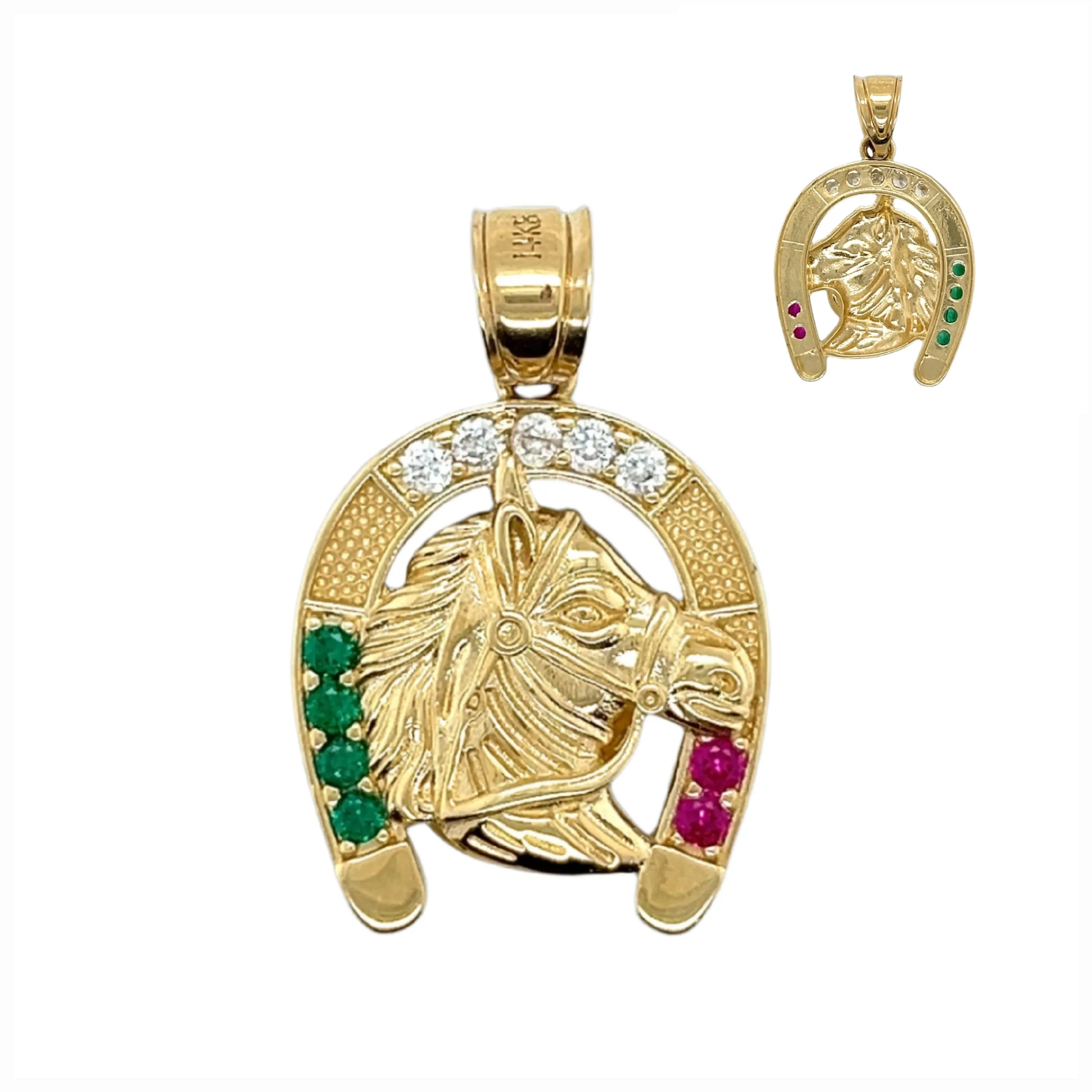 Horse Head Lucky 14K Gold Horseshoe Hook Mexican Flag Multiple CZ Pendant 1.5" Charm