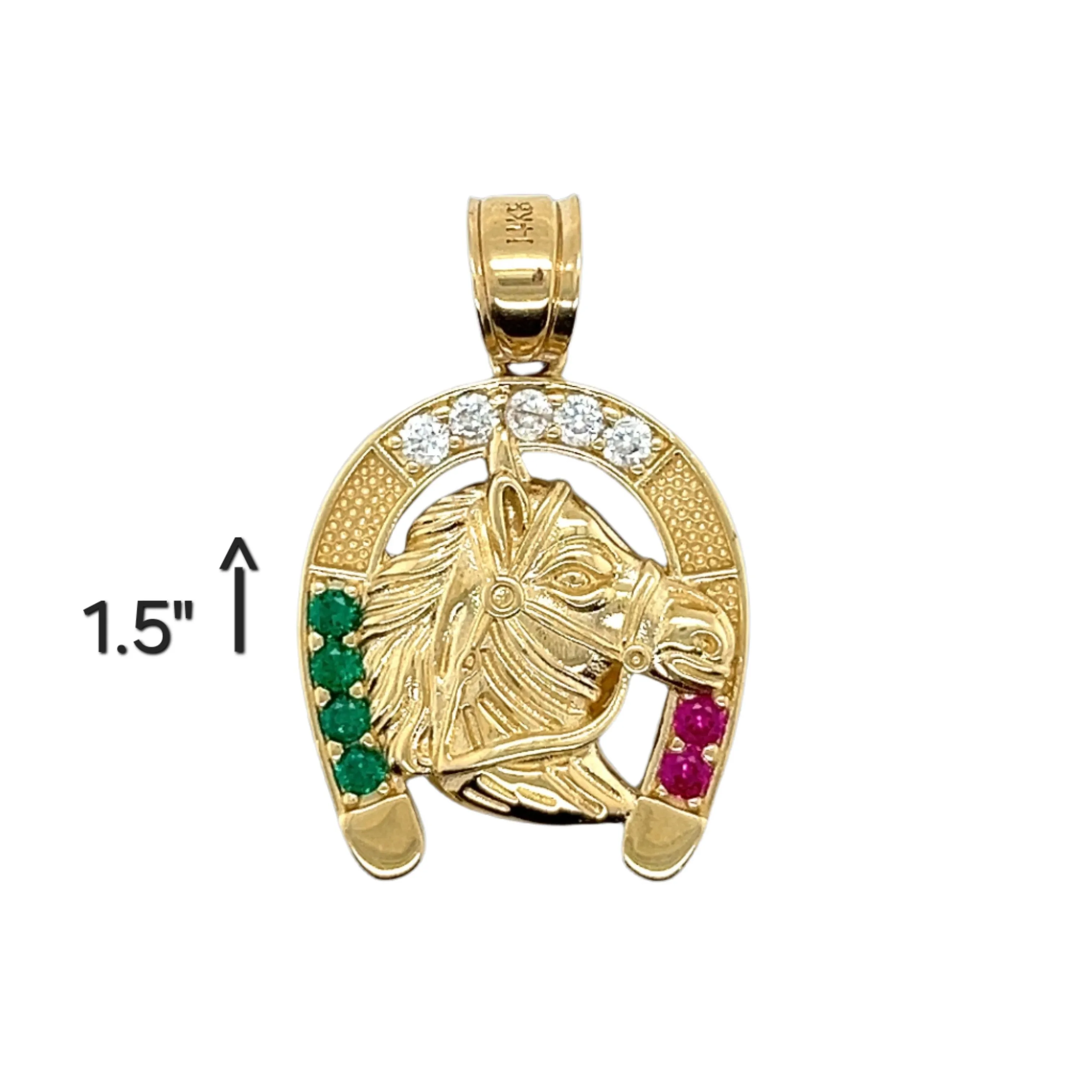 Horse Head Lucky 14K Gold Horseshoe Hook Mexican Flag Multiple CZ Pendant 1.5" Charm