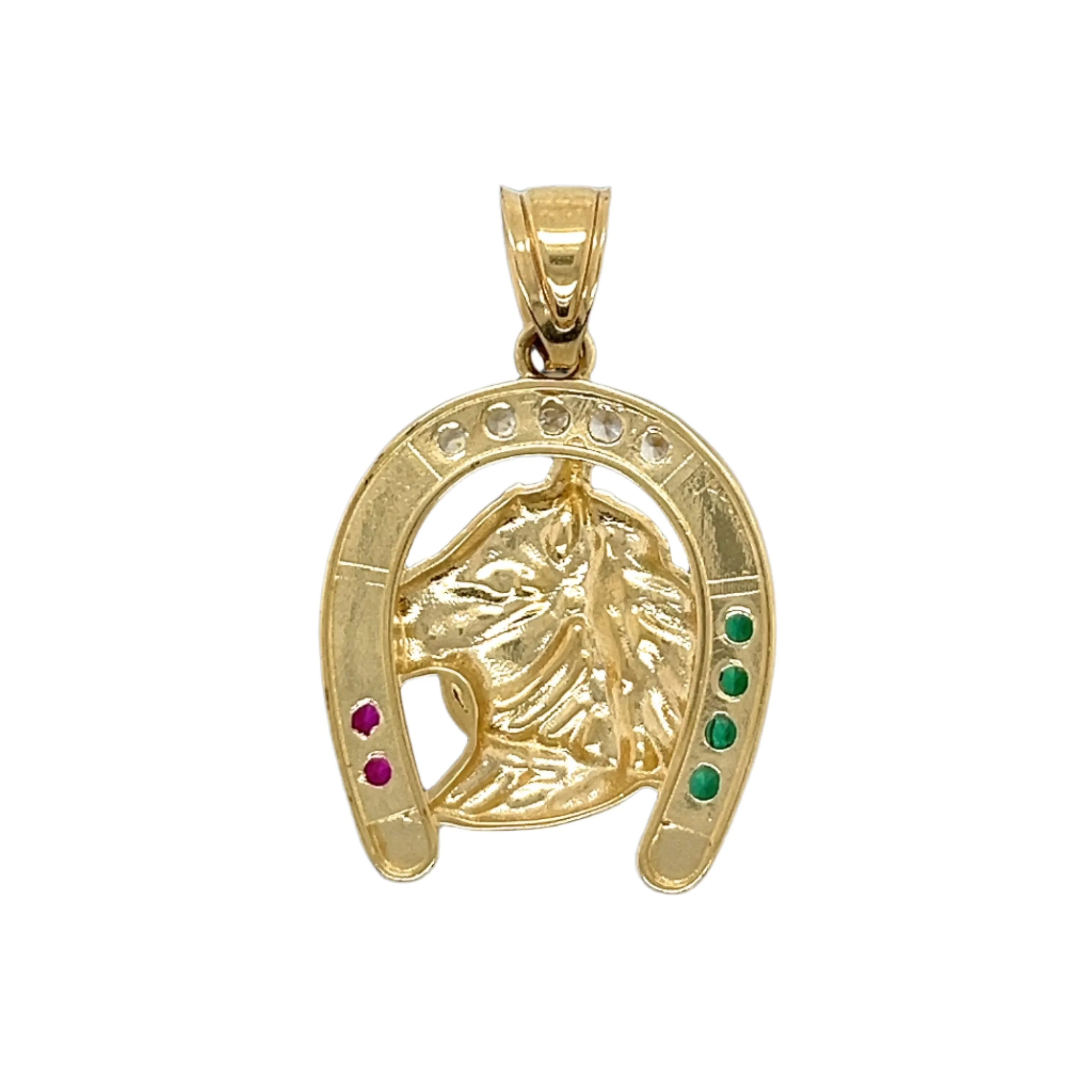 Horse Head Lucky 14K Gold Horseshoe Hook Mexican Flag Multiple CZ Pendant 1.5" Charm