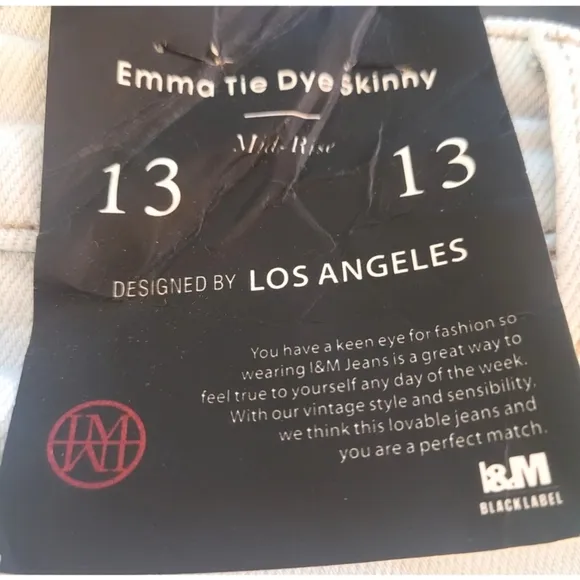I&amp;M JEANS Blue Denim Emma Tie Dye Size 13 Skinny Black Label Midrise Frayed NWT