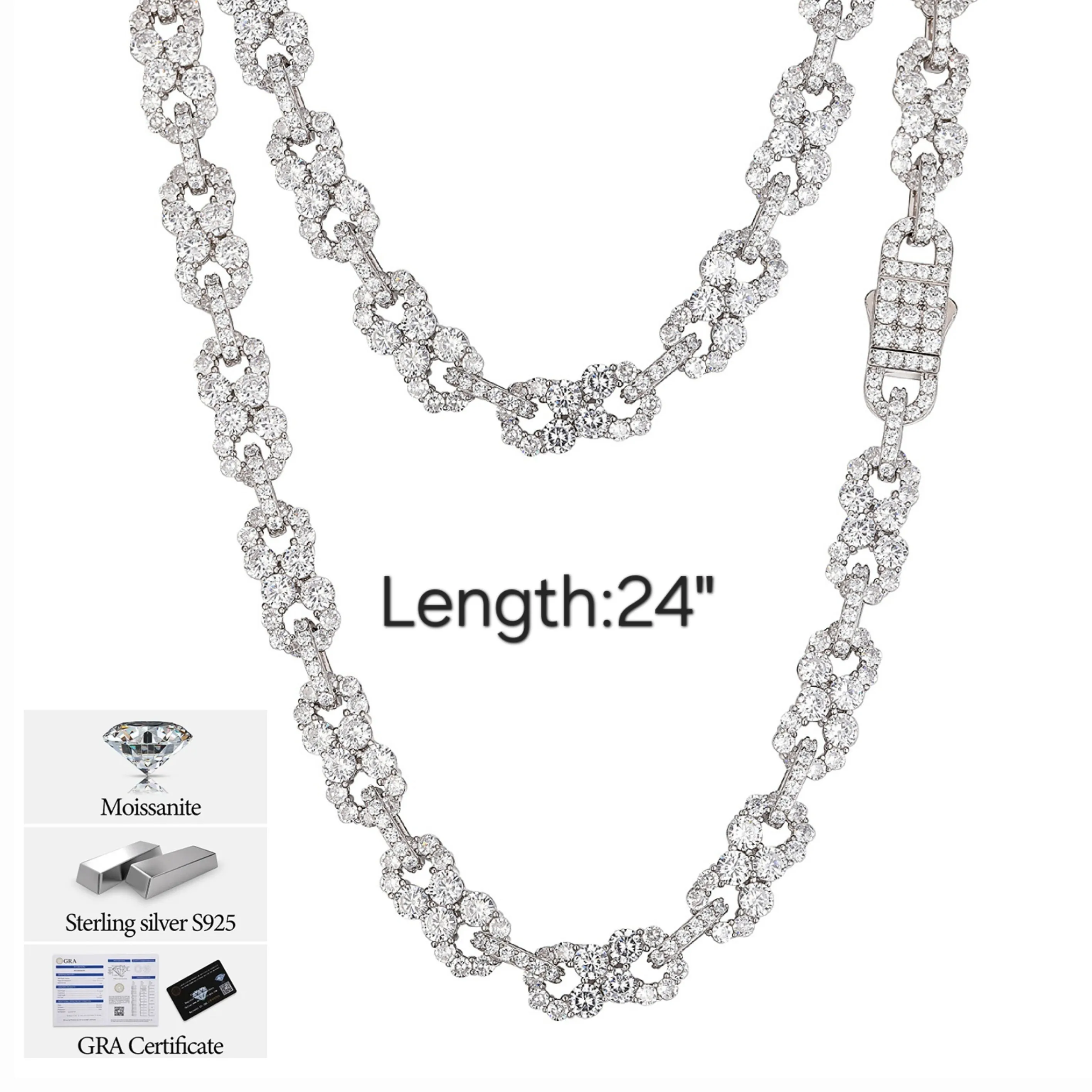 Iced Out 10mm Sterling Silver 925 Clustered Moissanite Infinity Link 18"-24" Chain Necklace - M500059