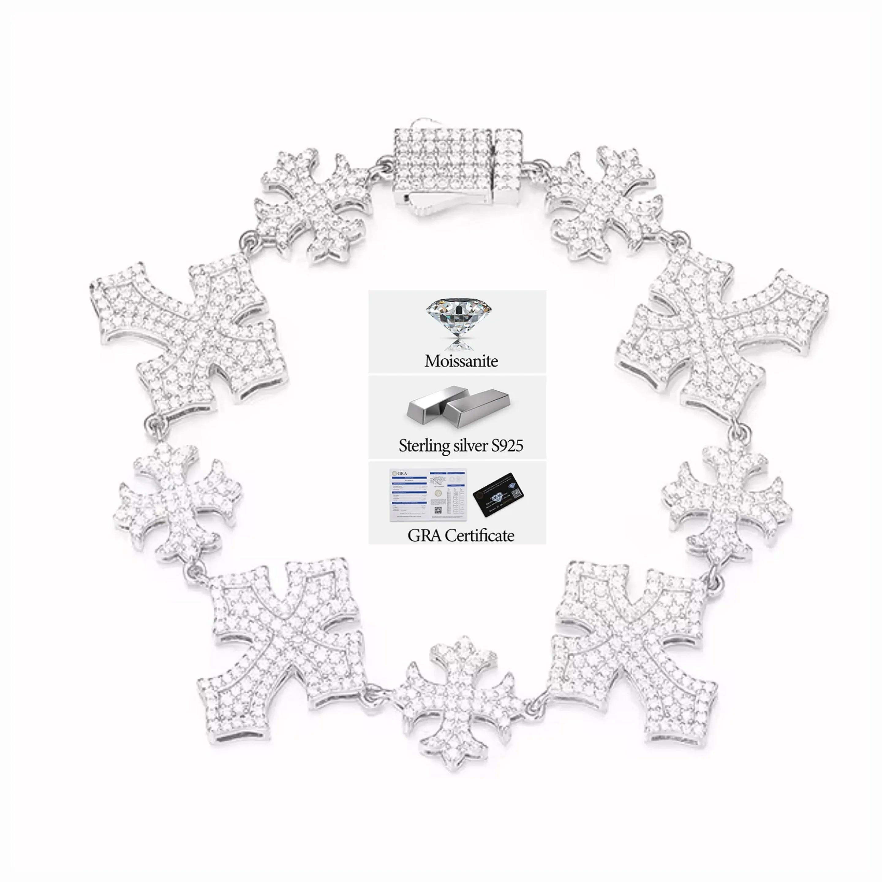 Iced Out Crosses Moissanite Sterling Silver 925 Unisex Bracelet - M301739