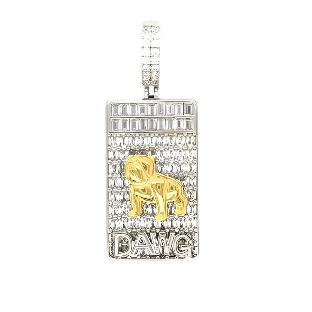 Iced Out Mens DAWG Rectangle Medallion With Bulldog 2.25" Charm Pendant - C417069