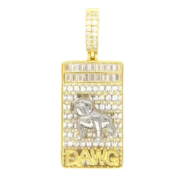 Iced Out Mens DAWG Rectangle Medallion With Bulldog 2.25" Charm Pendant - C417069