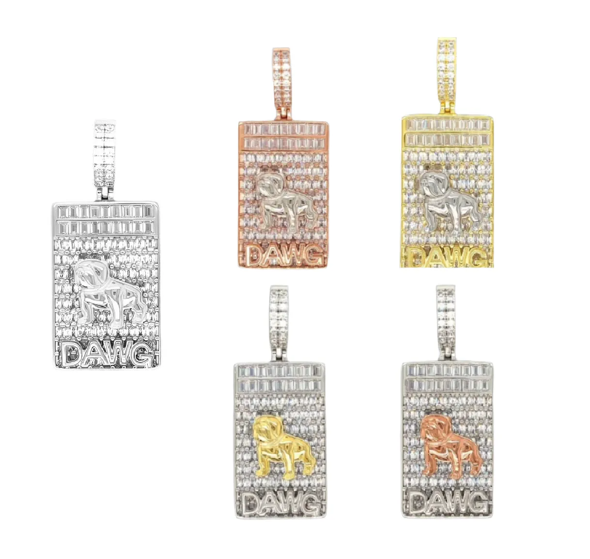 Iced Out Mens DAWG Rectangle Medallion With Bulldog 2.25" Charm Pendant - C417069