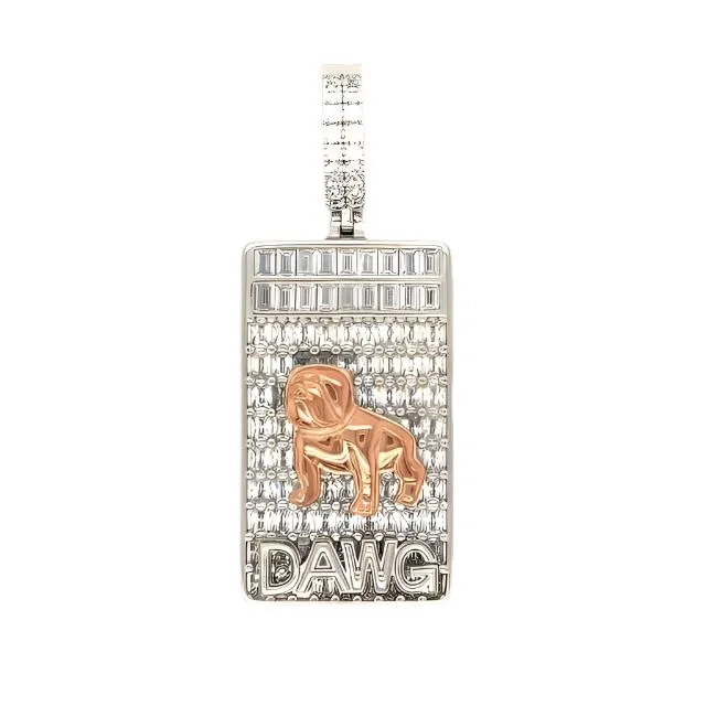 Iced Out Mens DAWG Rectangle Medallion With Bulldog 2.25" Charm Pendant - C417069