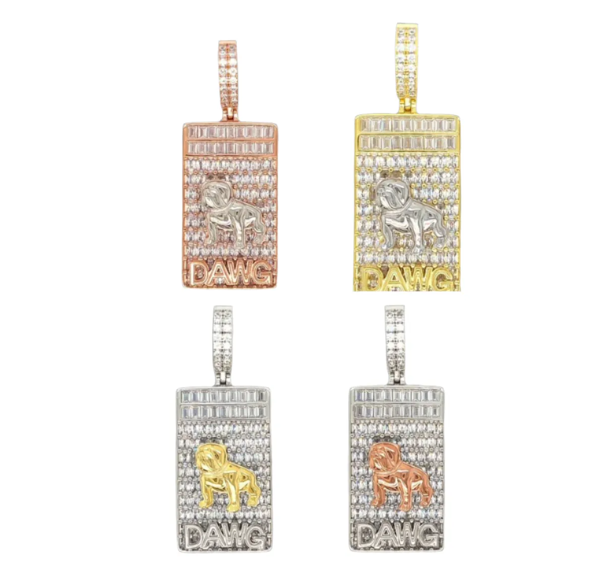 Iced Out Mens DAWG Rectangle Medallion With Bulldog 2.25" Charm Pendant - C417069