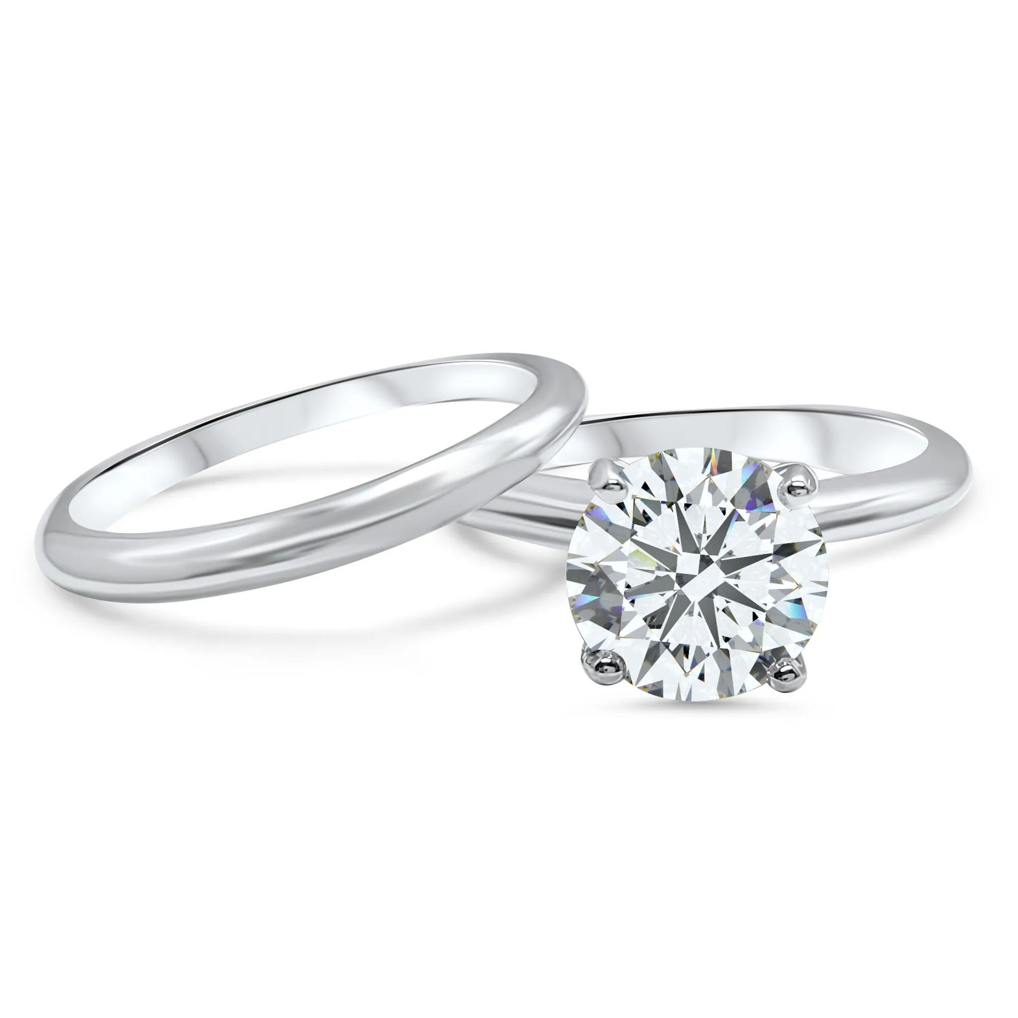 IGI Certified Diamond F Color Bridal Set | 14k White Gold 4-Prong Solitaire Engagement Ring and Wedding Band
