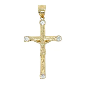 Jesus 14K Gold Elegant Cubic Zirconia Corners Religious Cross Pendant 2.5" Charm