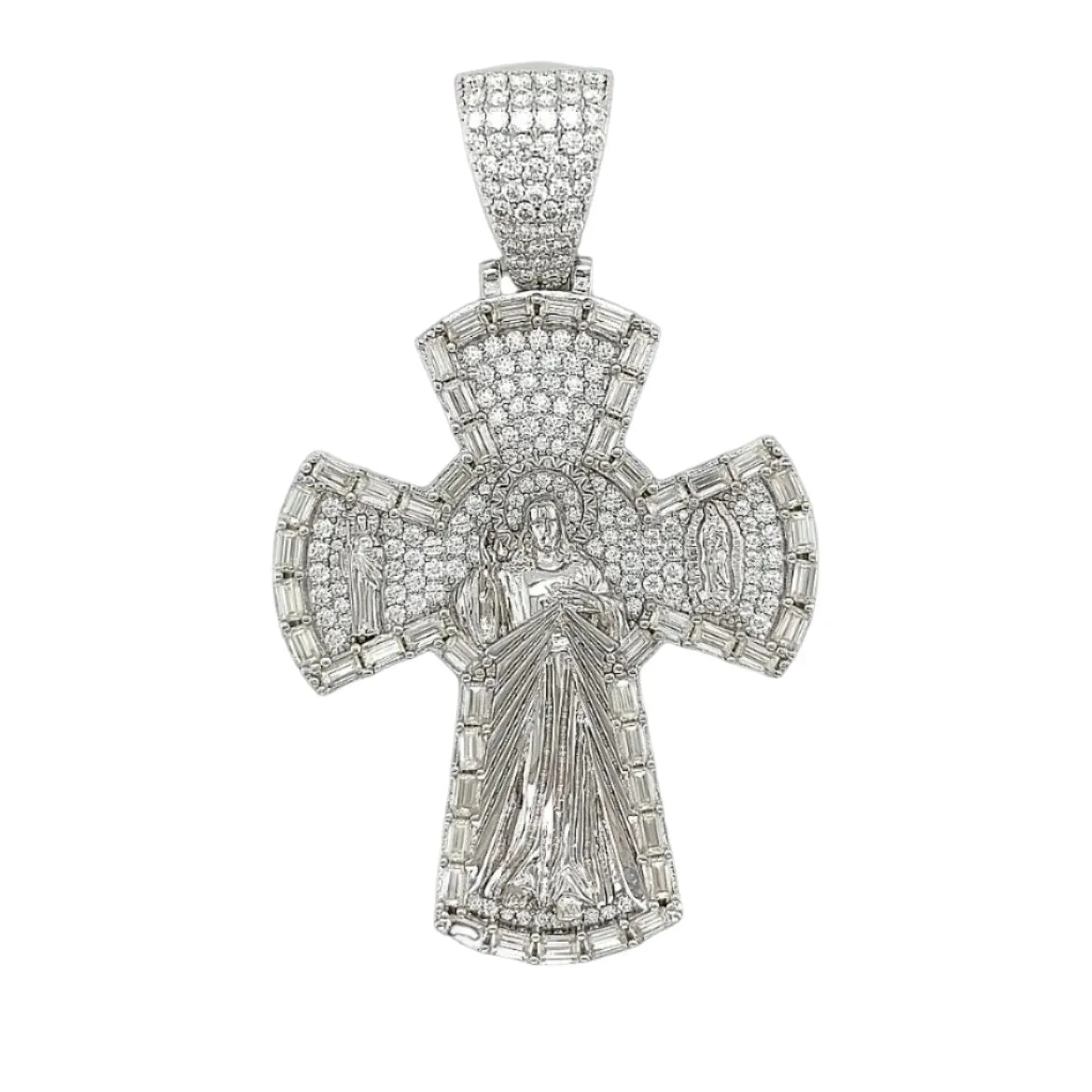 Jesus Cross Lab-Created Moissanite Sterling Silver Charm Pendant - M421629