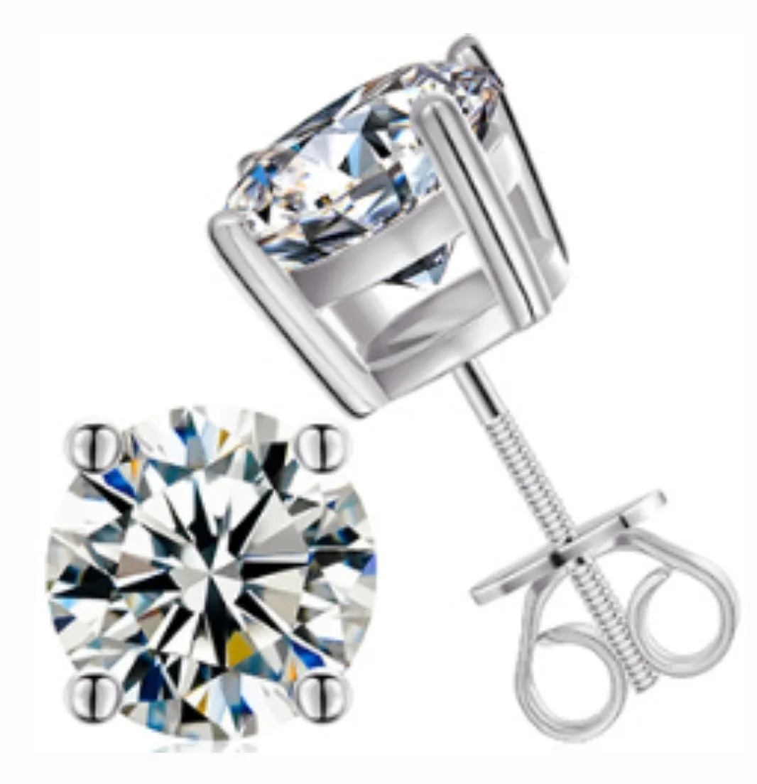 Lab-Created Moissanite 925 Sterling Silver 4 Prongs Round Stud Earrings - M200029-Round