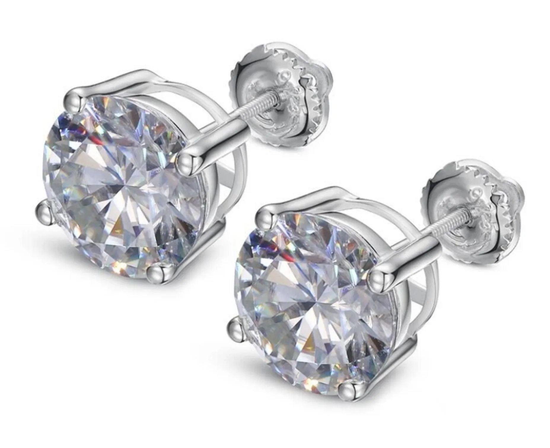 Lab-Created Moissanite 925 Sterling Silver 4 Prongs Round Stud Earrings - M200029-Round