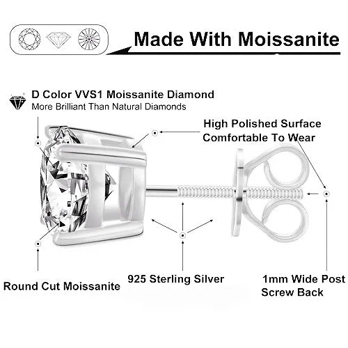 Lab-Created Moissanite 925 Sterling Silver 4 Prongs Round Stud Earrings - M200029-Round