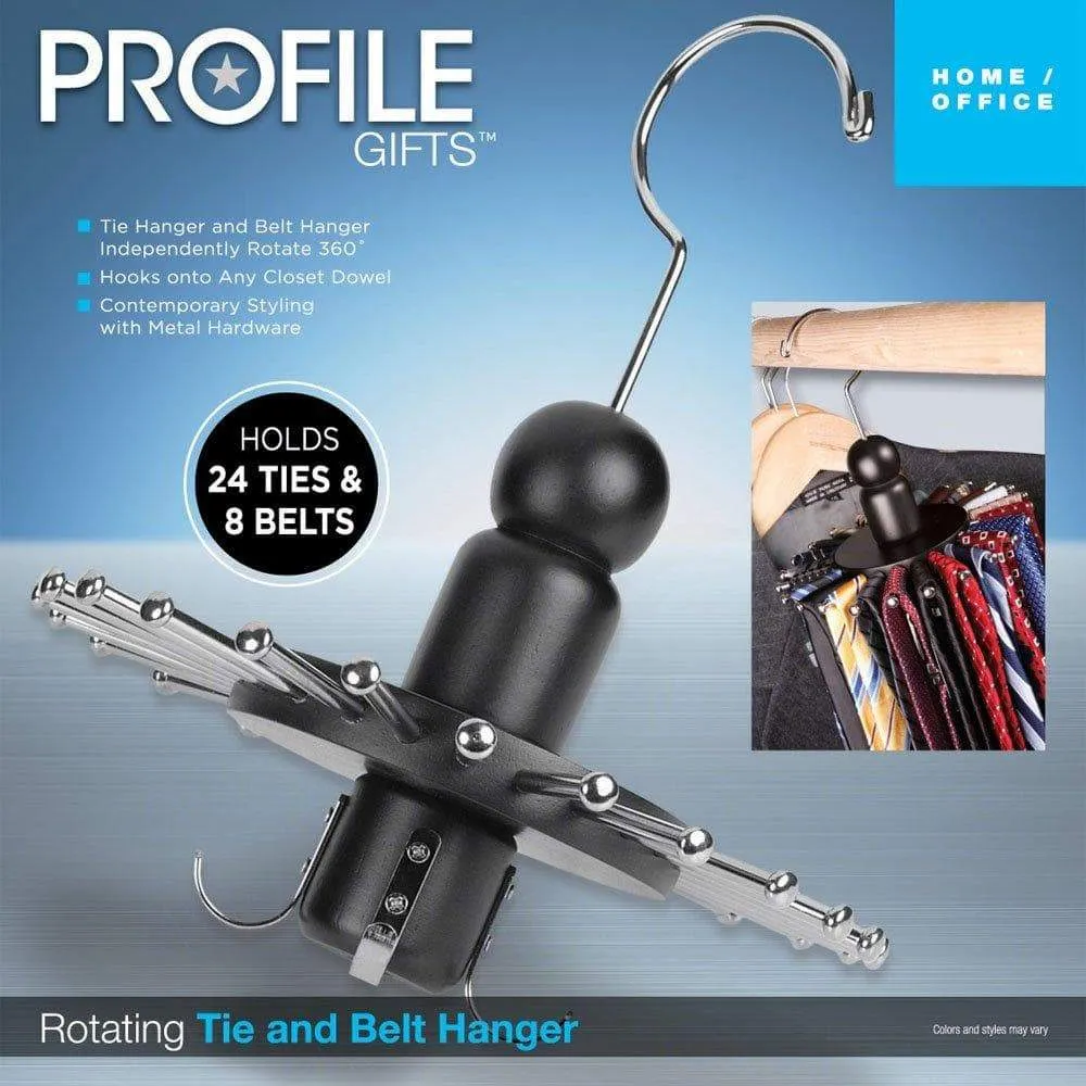 Launch Innovative Products Neil Rotating 8 Belt and 24 Tie Wooden Clothes Hanger - Black Wood - Spinning Closet Organizer for Holding Ties and Belts