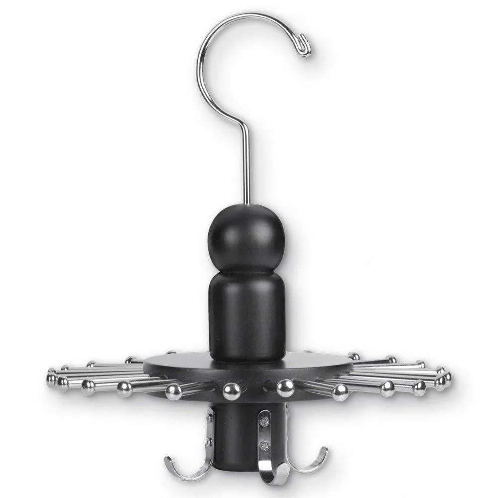 Launch Innovative Products Neil Rotating 8 Belt and 24 Tie Wooden Clothes Hanger - Black Wood - Spinning Closet Organizer for Holding Ties and Belts