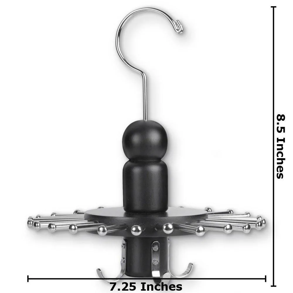 Launch Innovative Products Neil Rotating 8 Belt and 24 Tie Wooden Clothes Hanger - Black Wood - Spinning Closet Organizer for Holding Ties and Belts