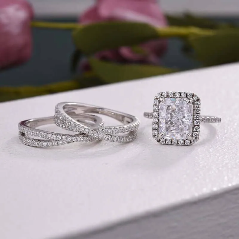 Luxurious Halo Radiant Cut Simulated Diamond Ring Set
