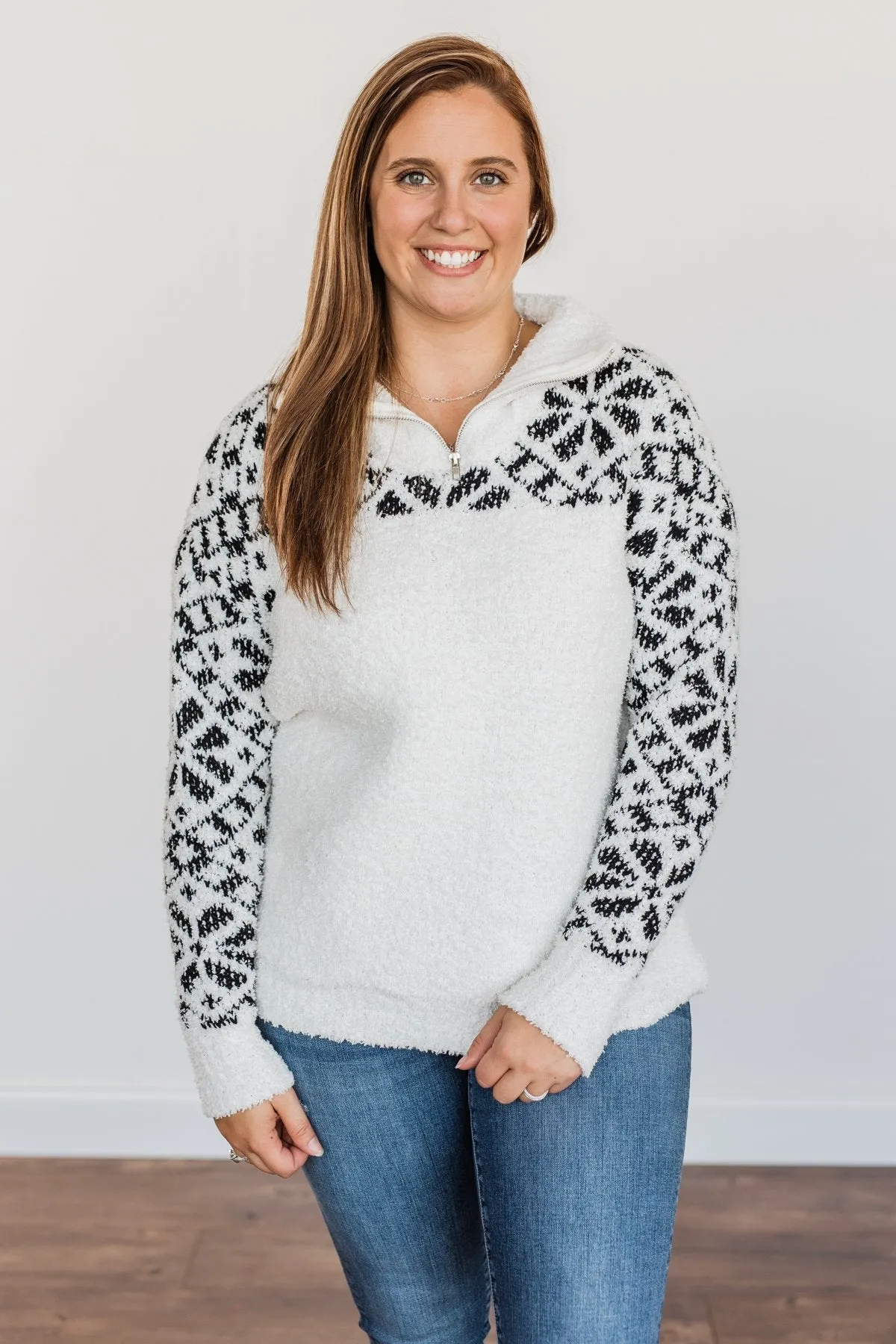 Luxurious Living Quarter Zip Sherpa- Ivory & Black