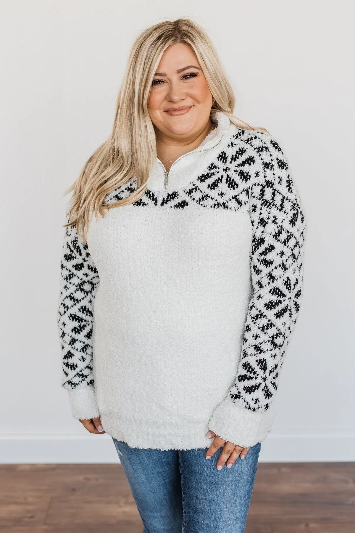 Luxurious Living Quarter Zip Sherpa- Ivory & Black