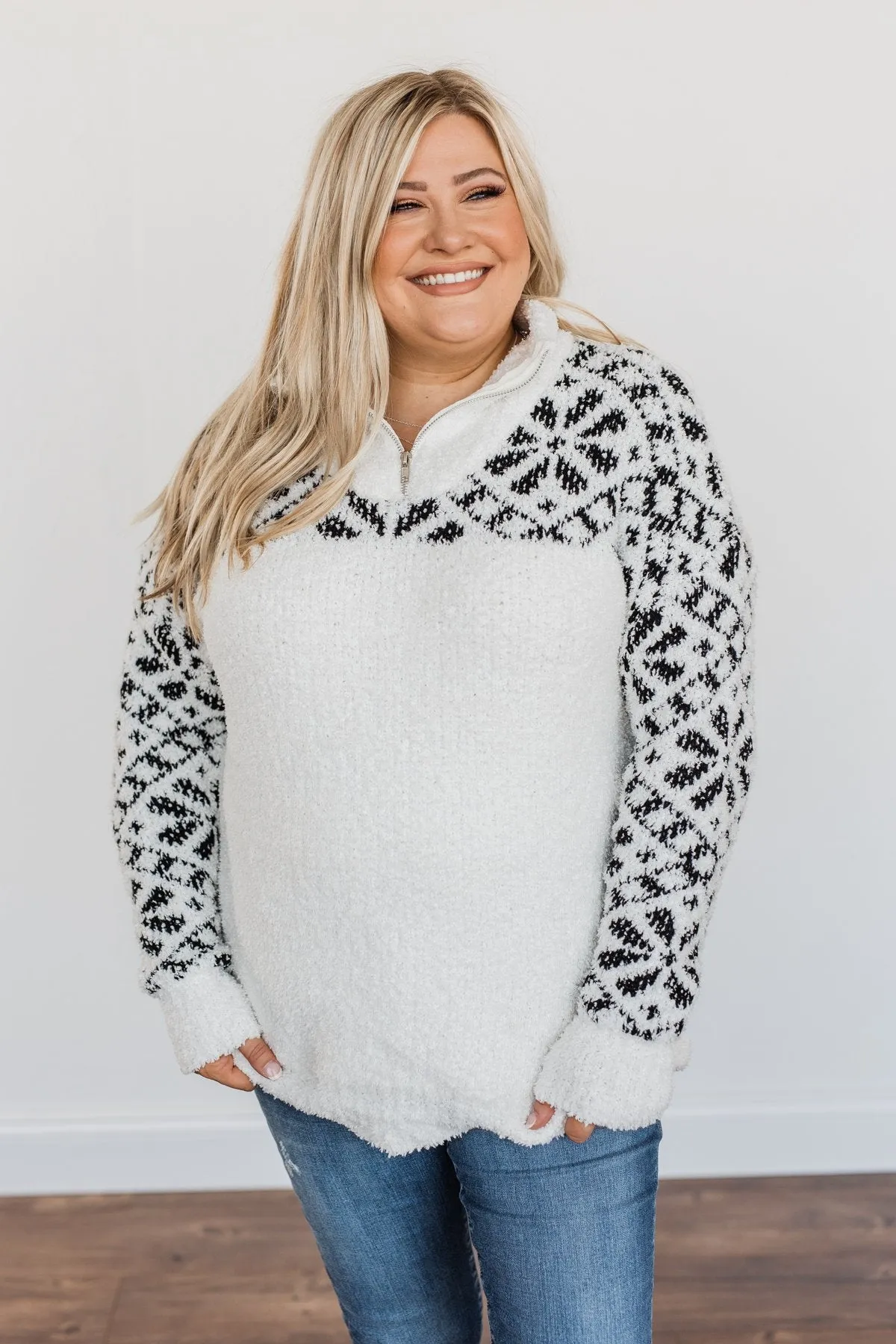 Luxurious Living Quarter Zip Sherpa- Ivory & Black