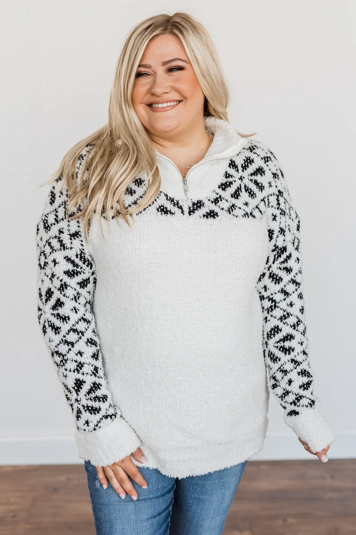 Luxurious Living Quarter Zip Sherpa- Ivory & Black