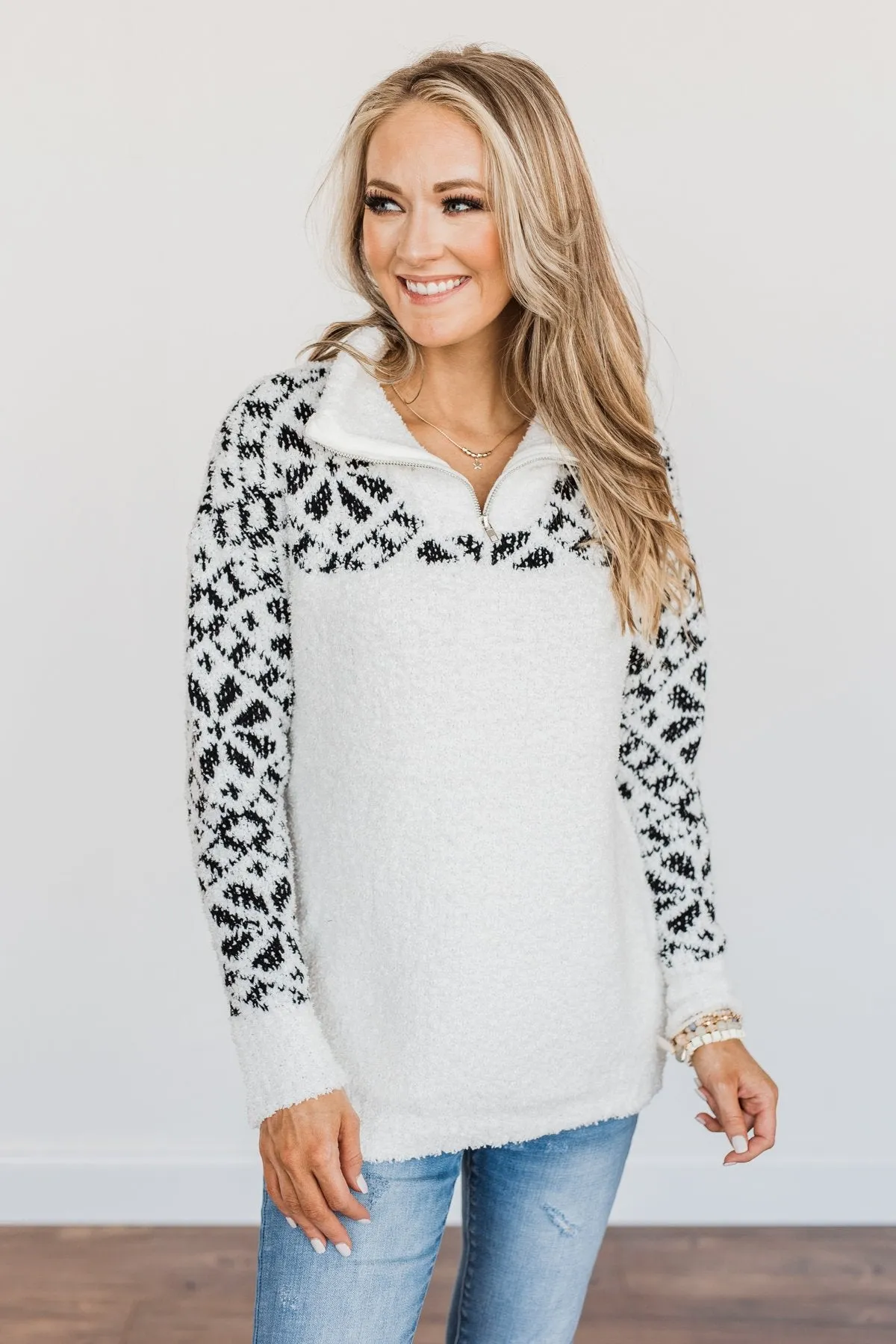 Luxurious Living Quarter Zip Sherpa- Ivory & Black