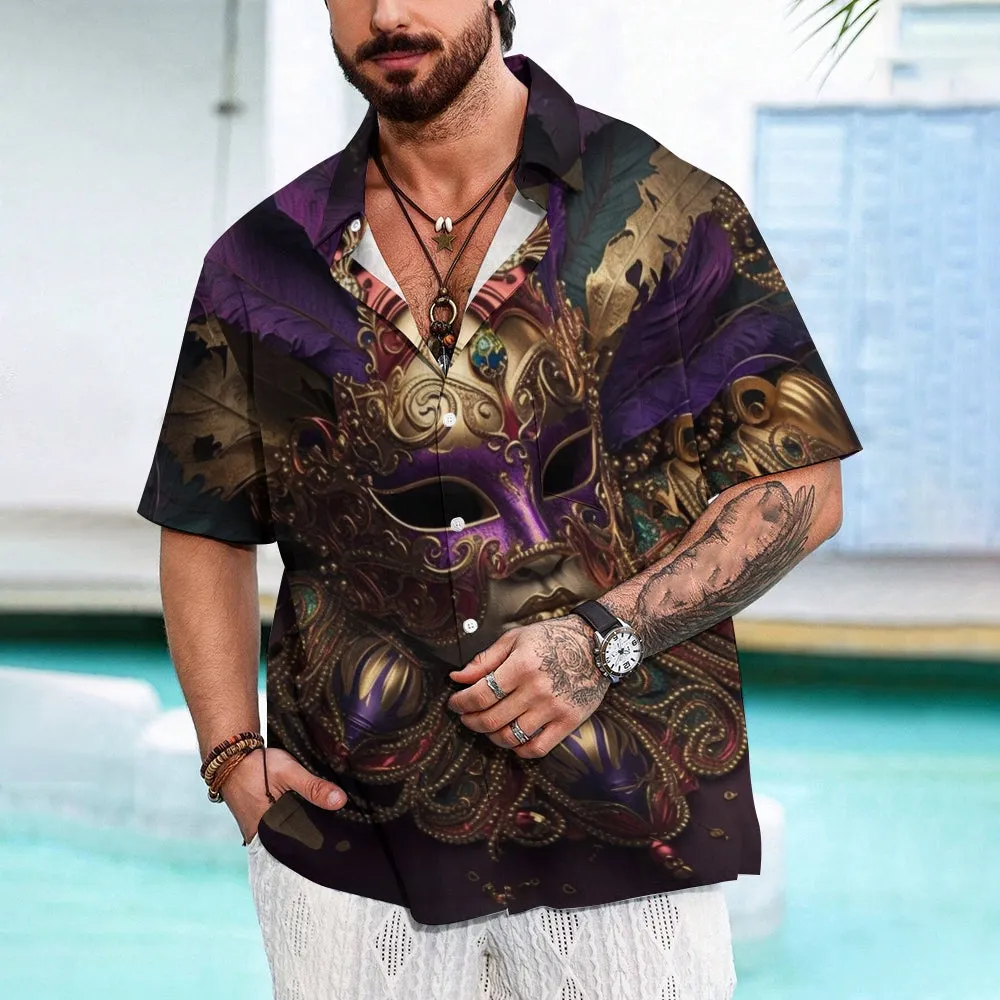 Mardi Gras Carnival Mask Casual Short Sleeve Shirt 2412003152