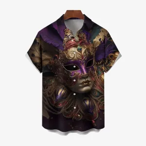 Mardi Gras Carnival Mask Casual Short Sleeve Shirt 2412003152