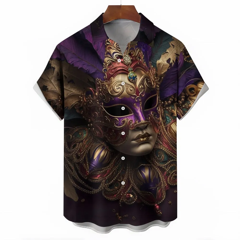 Mardi Gras Carnival Mask Casual Short Sleeve Shirt 2412003152