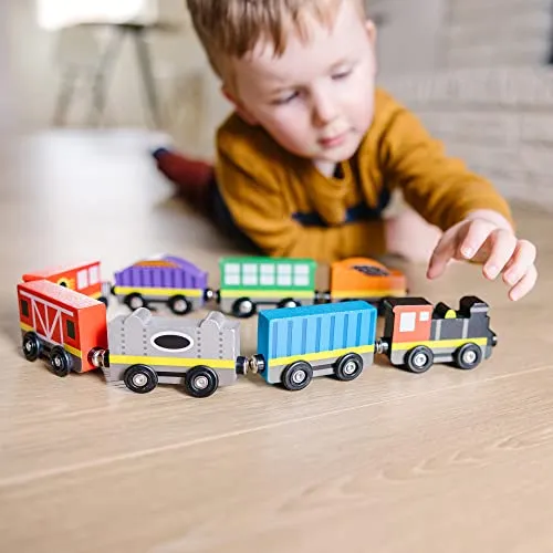 Melissa & Doug Wooden Train Cars (8 pcs) - Magnetic Train, Wooden Train Toys, Train Sets For Toddlers And Kids Ages 3 