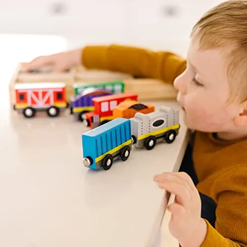 Melissa & Doug Wooden Train Cars (8 pcs) - Magnetic Train, Wooden Train Toys, Train Sets For Toddlers And Kids Ages 3 