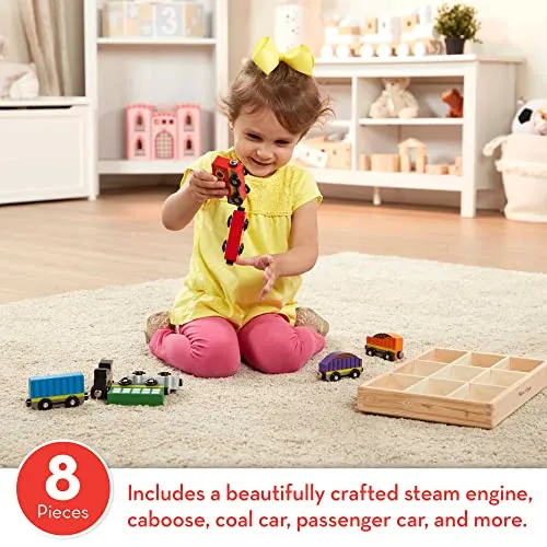 Melissa & Doug Wooden Train Cars (8 pcs) - Magnetic Train, Wooden Train Toys, Train Sets For Toddlers And Kids Ages 3 