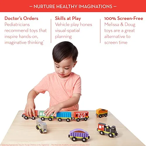 Melissa & Doug Wooden Train Cars (8 pcs) - Magnetic Train, Wooden Train Toys, Train Sets For Toddlers And Kids Ages 3 
