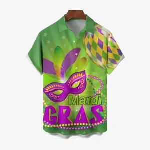 Men's Mardi Gras Mask Print Casual Short Sleeve Shirt 2412002274