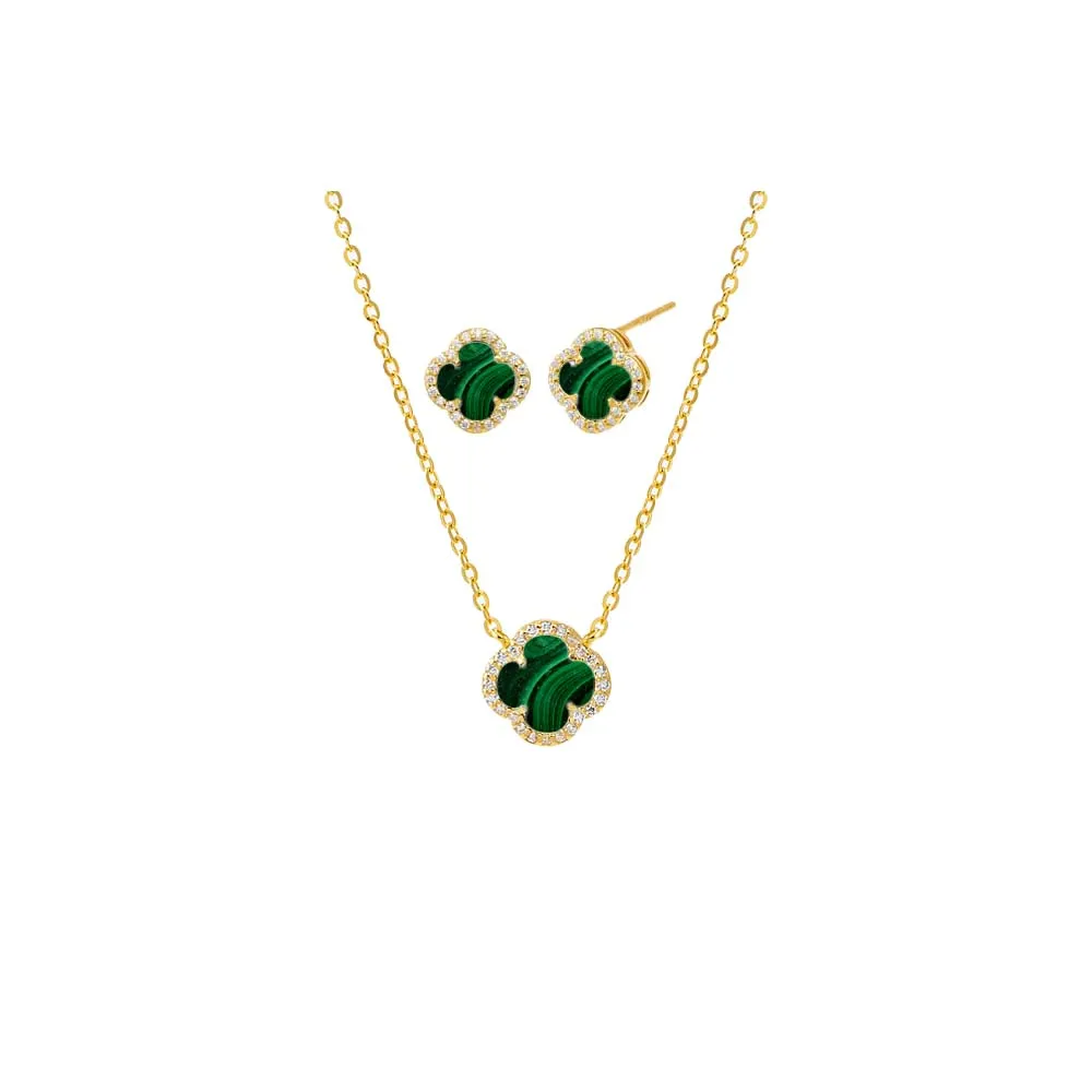Mini Pave Colored Stone Clover Necklace & Earring Combo Set