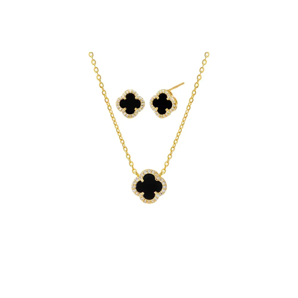 Mini Pave Colored Stone Clover Necklace & Earring Combo Set