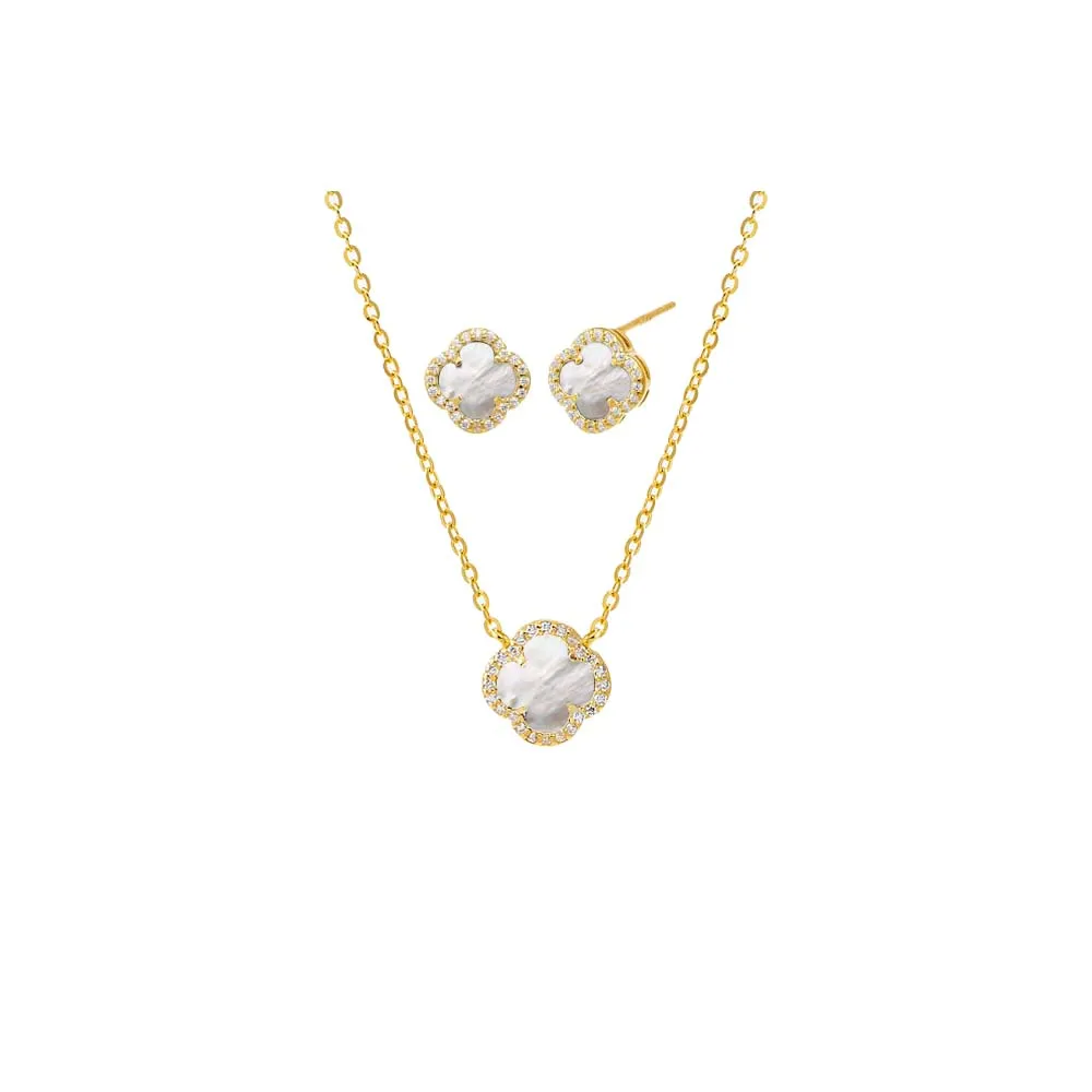 Mini Pave Colored Stone Clover Necklace & Earring Combo Set