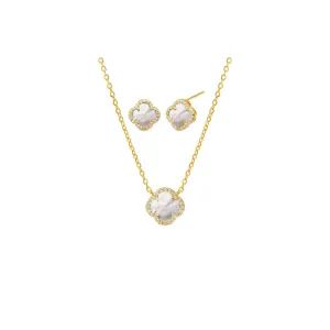 Mini Pave Colored Stone Clover Necklace & Earring Combo Set