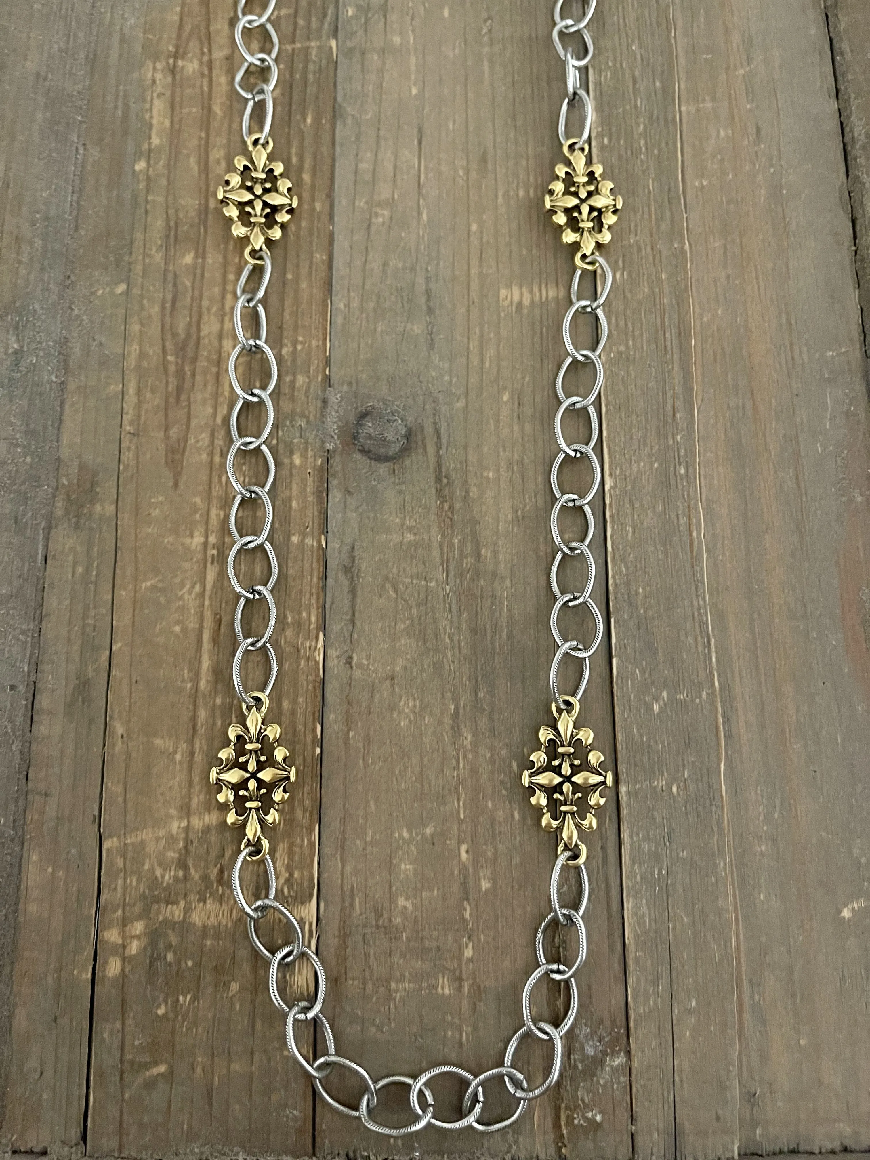 Mixed Metal Sterling & Gold Plated 36" Chain with Vintage Reproduction Fleur De Lis Accents