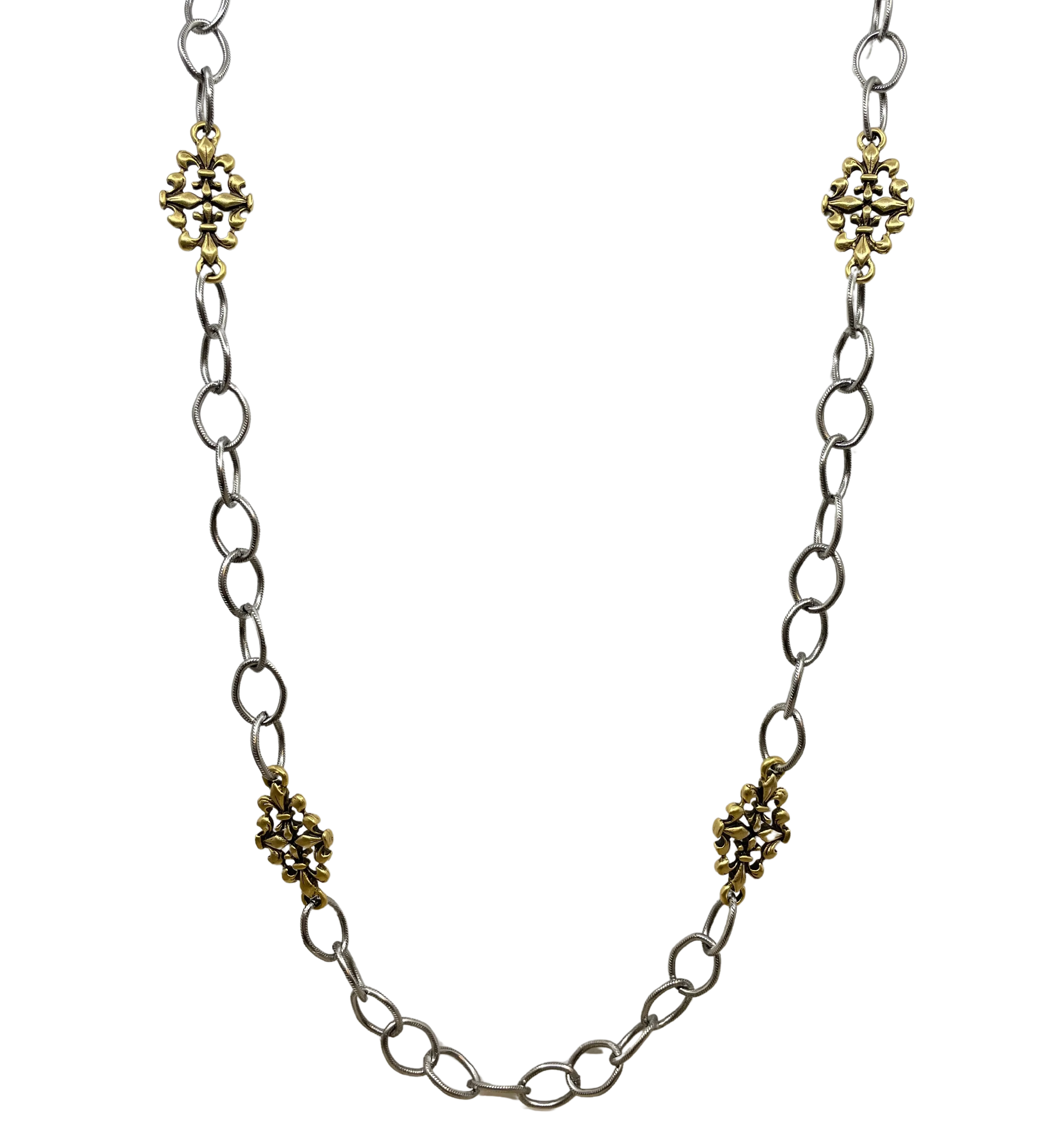 Mixed Metal Sterling & Gold Plated 36" Chain with Vintage Reproduction Fleur De Lis Accents