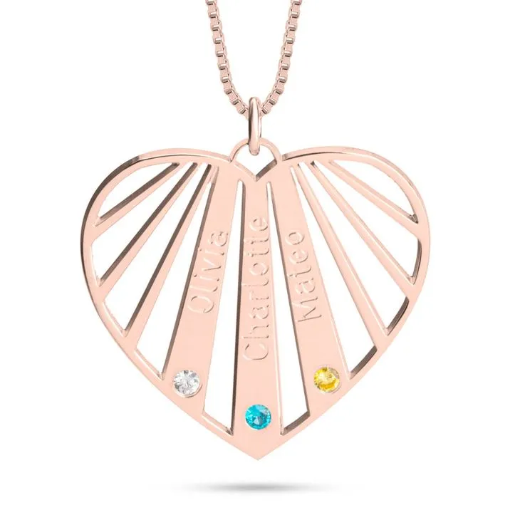 Mothers Heart Names and Birthstones Necklace