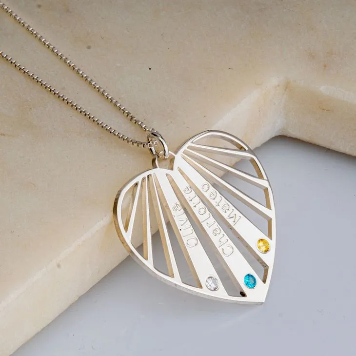 Mothers Heart Names and Birthstones Necklace