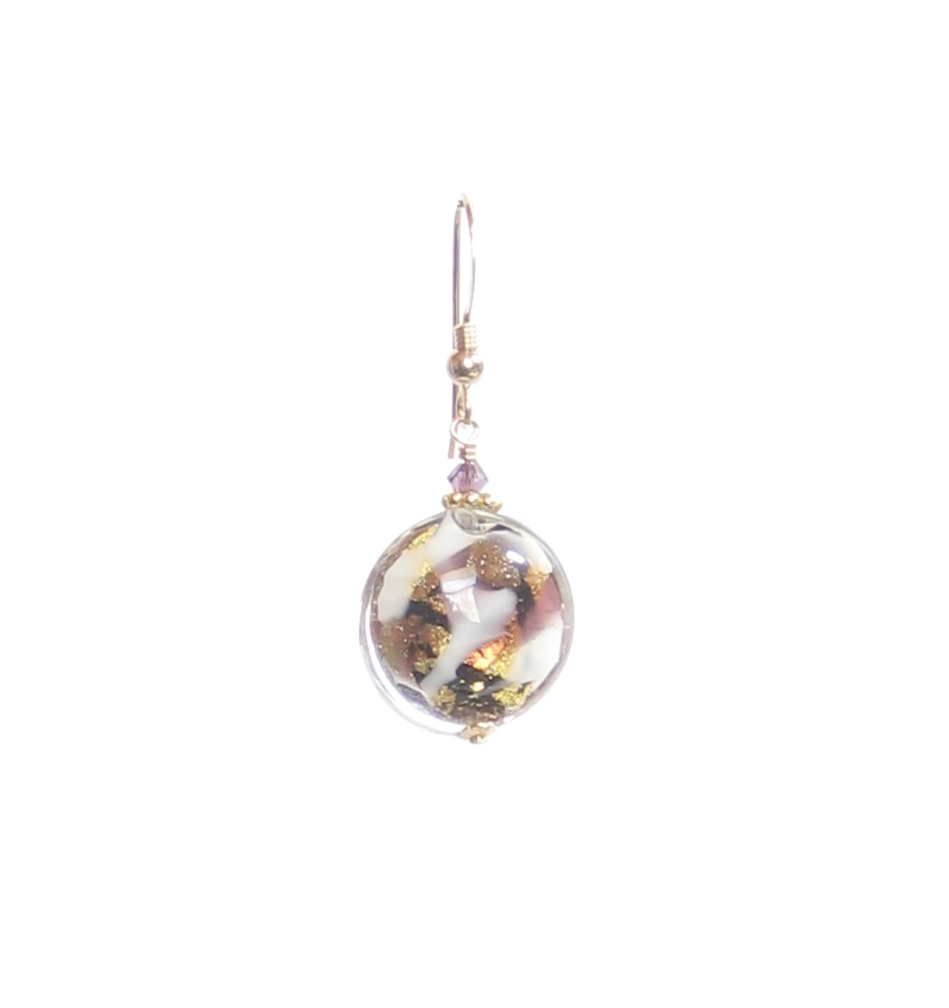 Murano Glass Amethyst Black Disc Gold Earrings, Fishhook Earrings