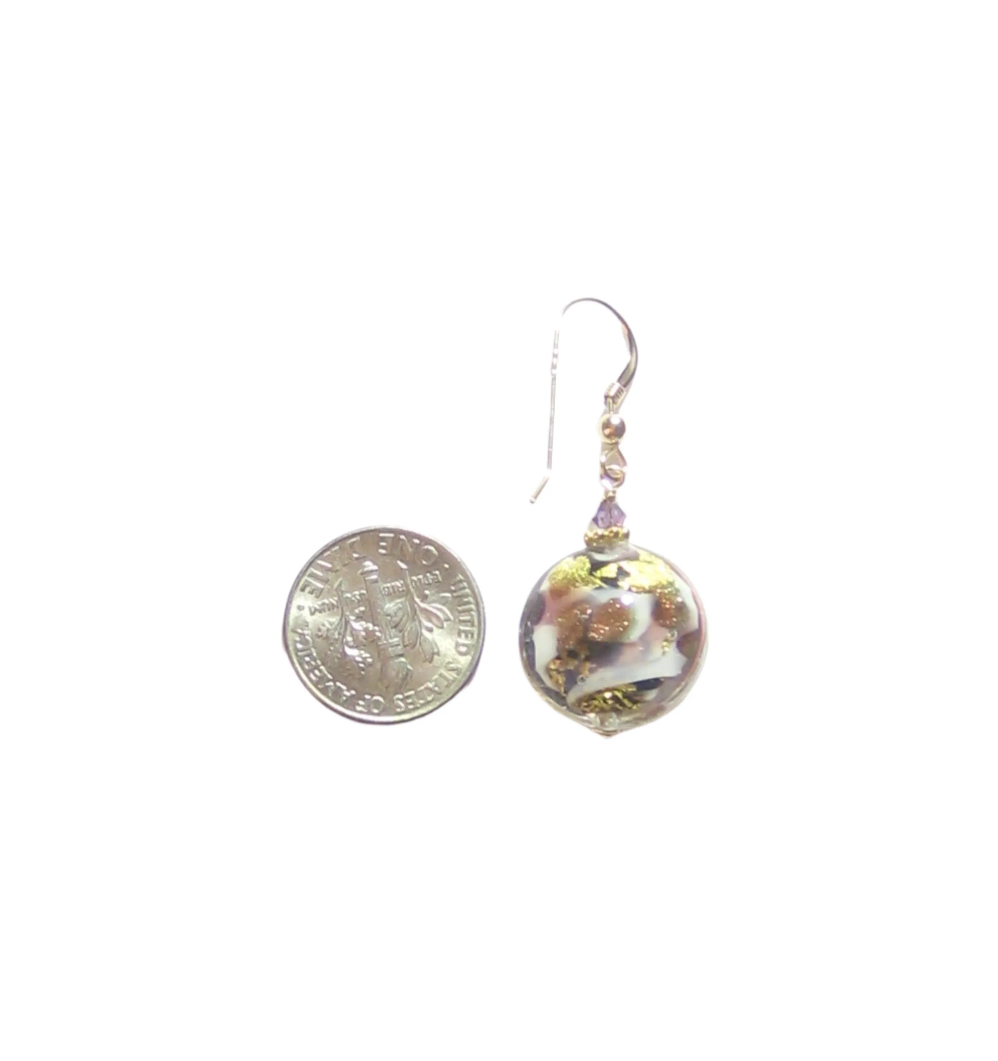 Murano Glass Amethyst Black Disc Gold Earrings, Fishhook Earrings
