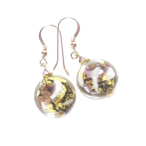 Murano Glass Amethyst Black Disc Gold Earrings, Fishhook Earrings